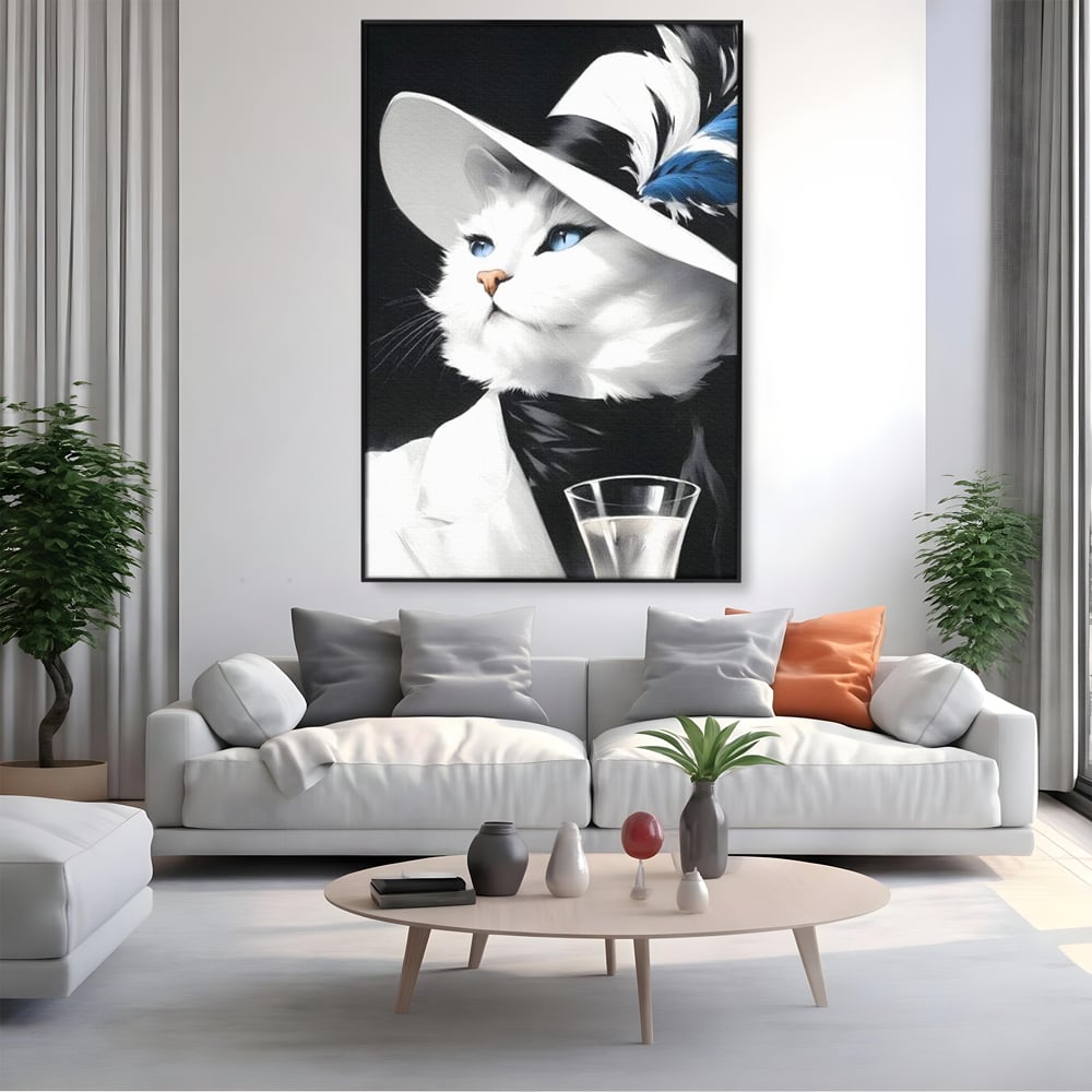 Tablou Canvas Premium, LuxCanva® M1202, Sampanie si Carisma,Palarie, Pene, Pahar, Sampanie, Pisica, Lux, Elegant, Felina, Aristocrat, Fashion, Diva, Glamour, Birou, Living, Camera Copil