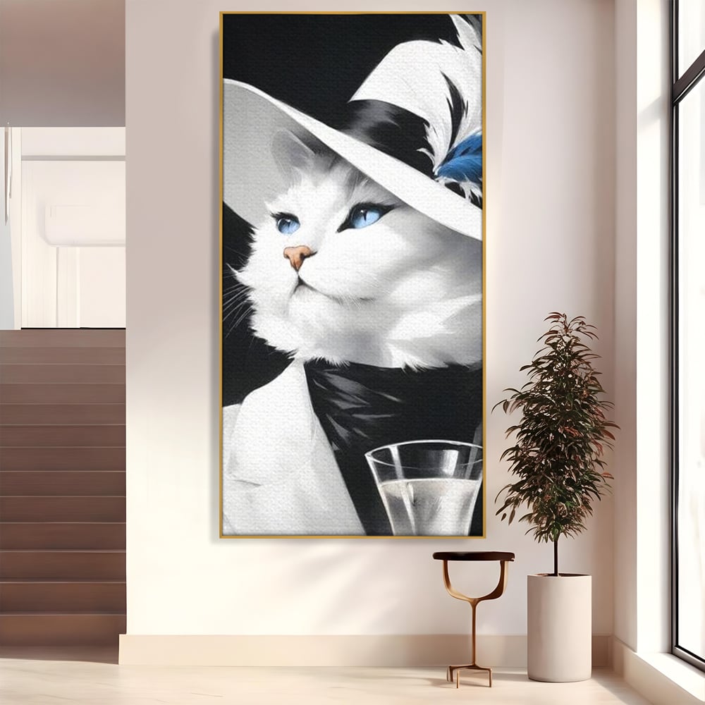 Tablou Canvas Premium, LuxCanva® M1202, Sampanie si Carisma,Palarie, Pene, Pahar, Sampanie, Pisica, Lux, Elegant, Felina, Aristocrat, Fashion, Diva, Glamour, Birou, Living, Camera Copil