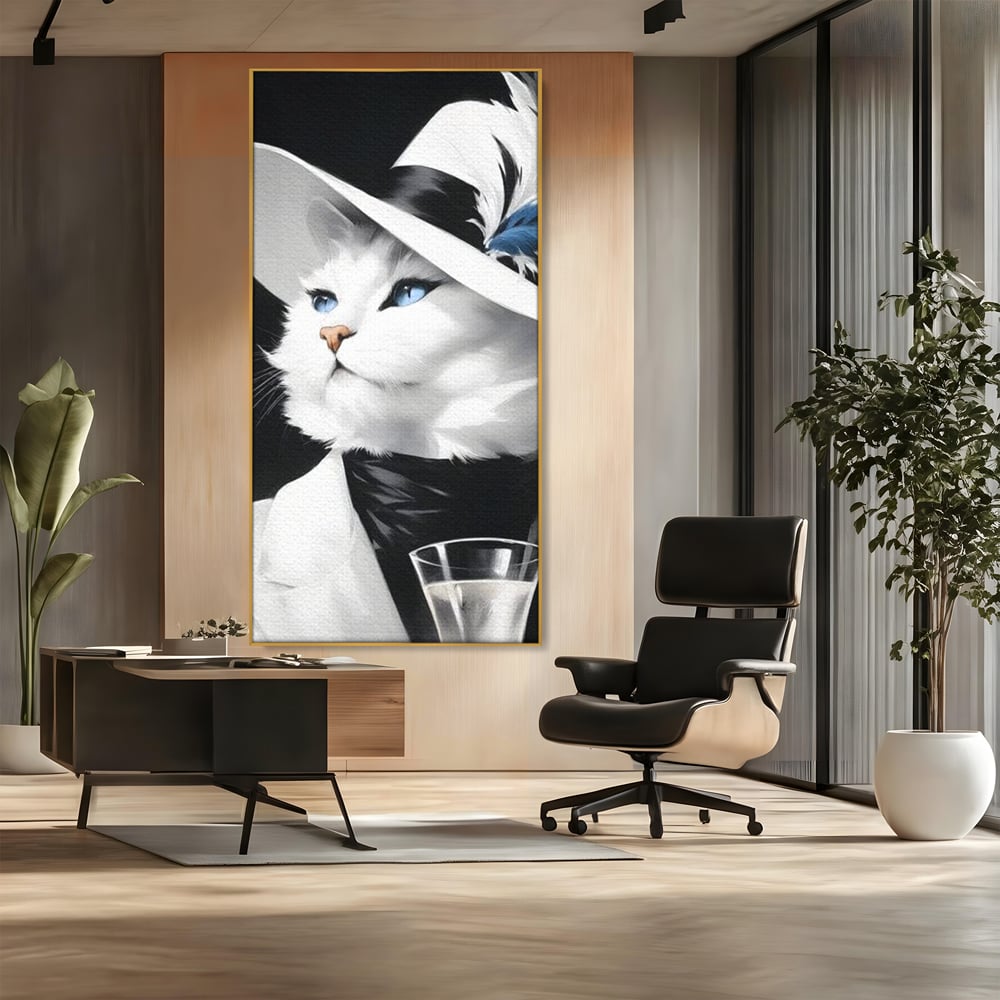 Tablou Canvas Premium, LuxCanva® M1202, Sampanie si Carisma,Palarie, Pene, Pahar, Sampanie, Pisica, Lux, Elegant, Felina, Aristocrat, Fashion, Diva, Glamour, Birou, Living, Camera Copil