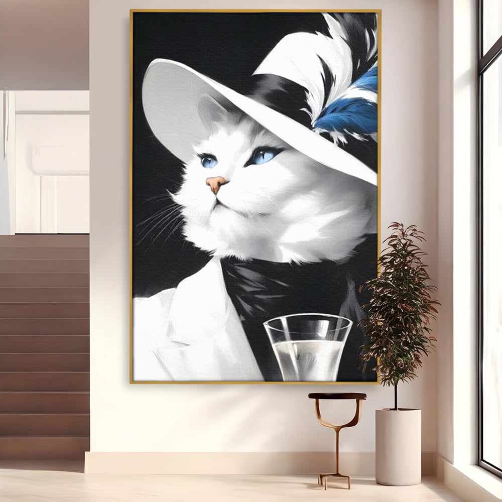 Tablou Canvas Premium, LuxCanva® M1202, Sampanie si Carisma,Palarie, Pene, Pahar, Sampanie, Pisica, Lux, Elegant, Felina, Aristocrat, Fashion, Diva, Glamour, Birou, Living, Camera Copil