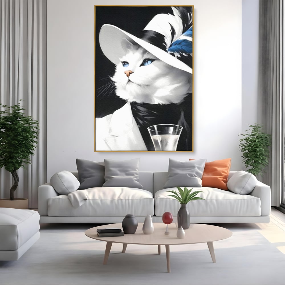 Tablou Canvas Premium, LuxCanva® M1202, Sampanie si Carisma,Palarie, Pene, Pahar, Sampanie, Pisica, Lux, Elegant, Felina, Aristocrat, Fashion, Diva, Glamour, Birou, Living, Camera Copil