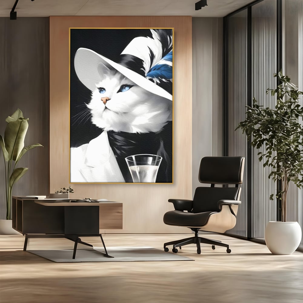 Tablou Canvas Premium, LuxCanva® M1202, Sampanie si Carisma,Palarie, Pene, Pahar, Sampanie, Pisica, Lux, Elegant, Felina, Aristocrat, Fashion, Diva, Glamour, Birou, Living, Camera Copil