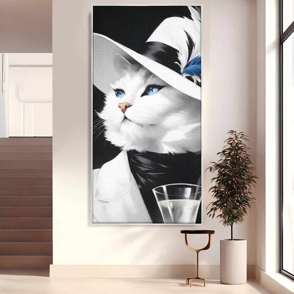 Tablou Canvas Premium, LuxCanva® M1202, Sampanie si Carisma,Palarie, Pene, Pahar, Sampanie, Pisica, Lux, Elegant, Felina, Aristocrat, Fashion, Diva, Glamour, Birou, Living, Camera Copil