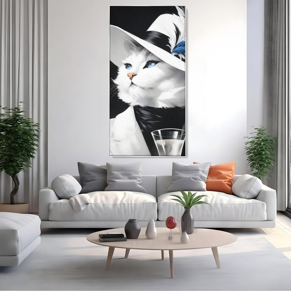 Tablou Canvas Premium, LuxCanva® M1202, Sampanie si Carisma,Palarie, Pene, Pahar, Sampanie, Pisica, Lux, Elegant, Felina, Aristocrat, Fashion, Diva, Glamour, Birou, Living, Camera Copil
