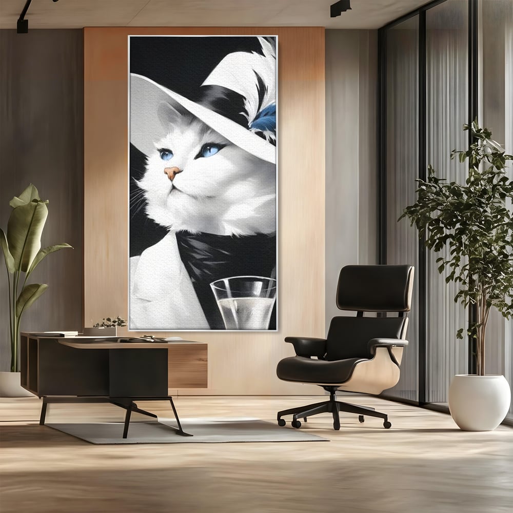 Tablou Canvas Premium, LuxCanva® M1202, Sampanie si Carisma,Palarie, Pene, Pahar, Sampanie, Pisica, Lux, Elegant, Felina, Aristocrat, Fashion, Diva, Glamour, Birou, Living, Camera Copil