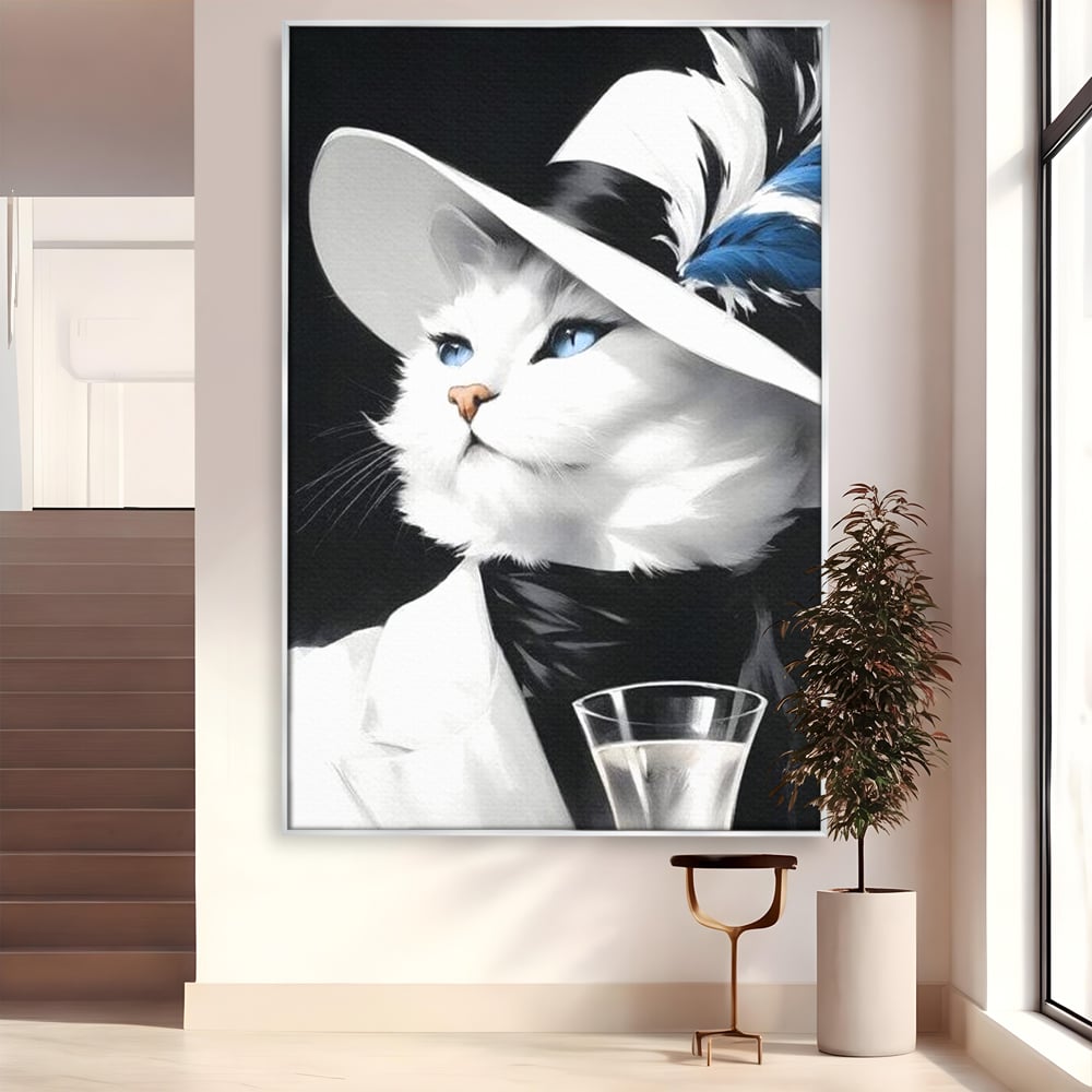 Tablou Canvas Premium, LuxCanva® M1202, Sampanie si Carisma,Palarie, Pene, Pahar, Sampanie, Pisica, Lux, Elegant, Felina, Aristocrat, Fashion, Diva, Glamour, Birou, Living, Camera Copil