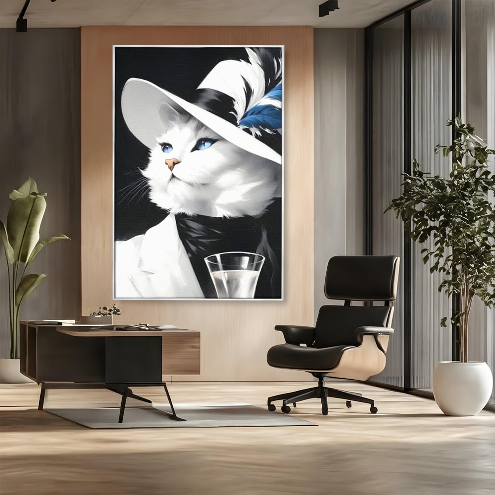 Tablou Canvas Premium, LuxCanva® M1202, Sampanie si Carisma,Palarie, Pene, Pahar, Sampanie, Pisica, Lux, Elegant, Felina, Aristocrat, Fashion, Diva, Glamour, Birou, Living, Camera Copil