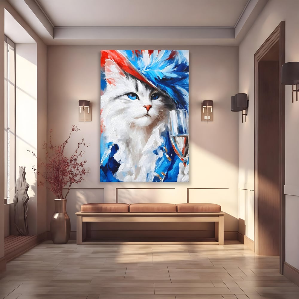 Leinwand Wandkunst Canvas Premium, LuxCanva® M1203, Prom Abend, Party, Extravagant, Ball, Mode, Feline, Feder, Feder, Hut, Glas, Champagner, Malerei, Luxus, Büro, Wohnen, Kinderzimmer