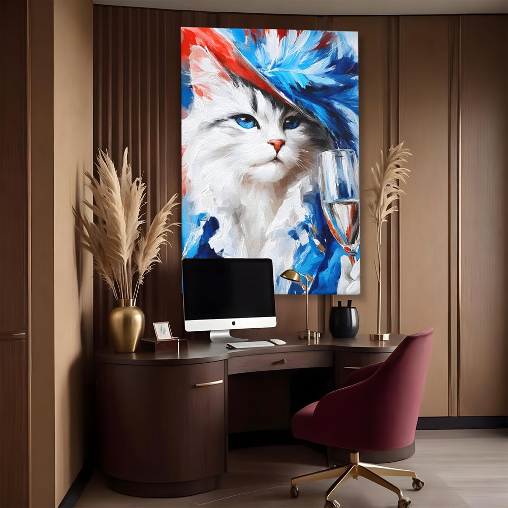 Leinwand Wandkunst Canvas Premium, LuxCanva® M1203, Prom Abend, Party, Extravagant, Ball, Mode, Feline, Feder, Feder, Hut, Glas, Champagner, Malerei, Luxus, Büro, Wohnen, Kinderzimmer