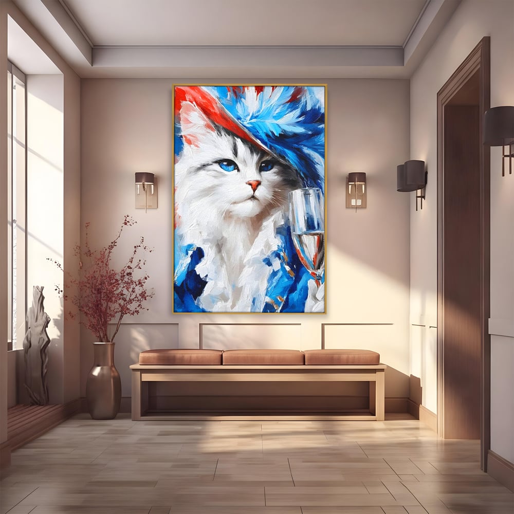 Leinwand Wandkunst Canvas Premium, LuxCanva® M1203, Prom Abend, Party, Extravagant, Ball, Mode, Feline, Feder, Feder, Hut, Glas, Champagner, Malerei, Luxus, Büro, Wohnen, Kinderzimmer