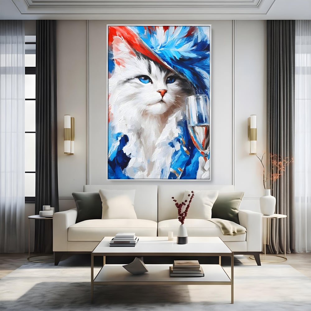 Leinwand Wandkunst Canvas Premium, LuxCanva® M1203, Prom Abend, Party, Extravagant, Ball, Mode, Feline, Feder, Feder, Hut, Glas, Champagner, Malerei, Luxus, Büro, Wohnen, Kinderzimmer