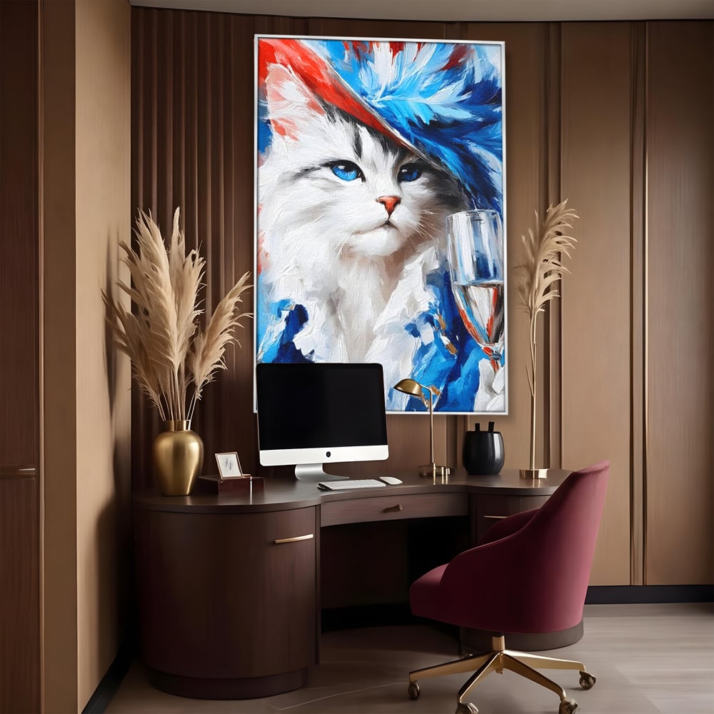 Leinwand Wandkunst Canvas Premium, LuxCanva® M1203, Prom Abend, Party, Extravagant, Ball, Mode, Feline, Feder, Feder, Hut, Glas, Champagner, Malerei, Luxus, Büro, Wohnen, Kinderzimmer