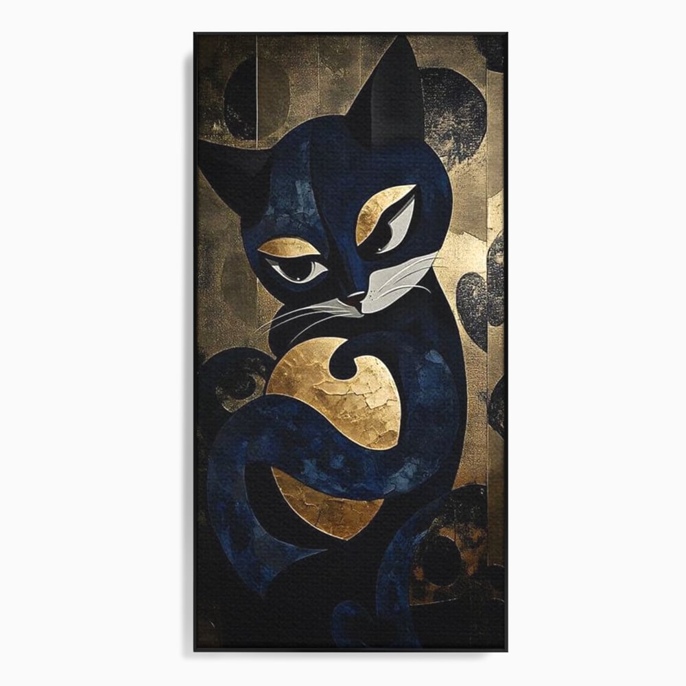 Leinwand Wandbilder Premium, LuxCanva® M1204, Versteckt in Gold, Abstrakt, Linien, Gold, Katze, Grafik, Design, Feline, Form, Metallisch, Dunkel, Schatten, Büro, Wohnen, Kinderzimmer