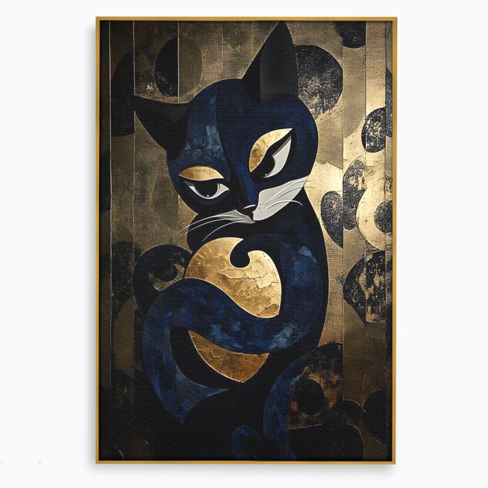 Leinwand Wandbilder Premium, LuxCanva® M1204, Versteckt in Gold, Abstrakt, Linien, Gold, Katze, Grafik, Design, Feline, Form, Metallisch, Dunkel, Schatten, Büro, Wohnen, Kinderzimmer