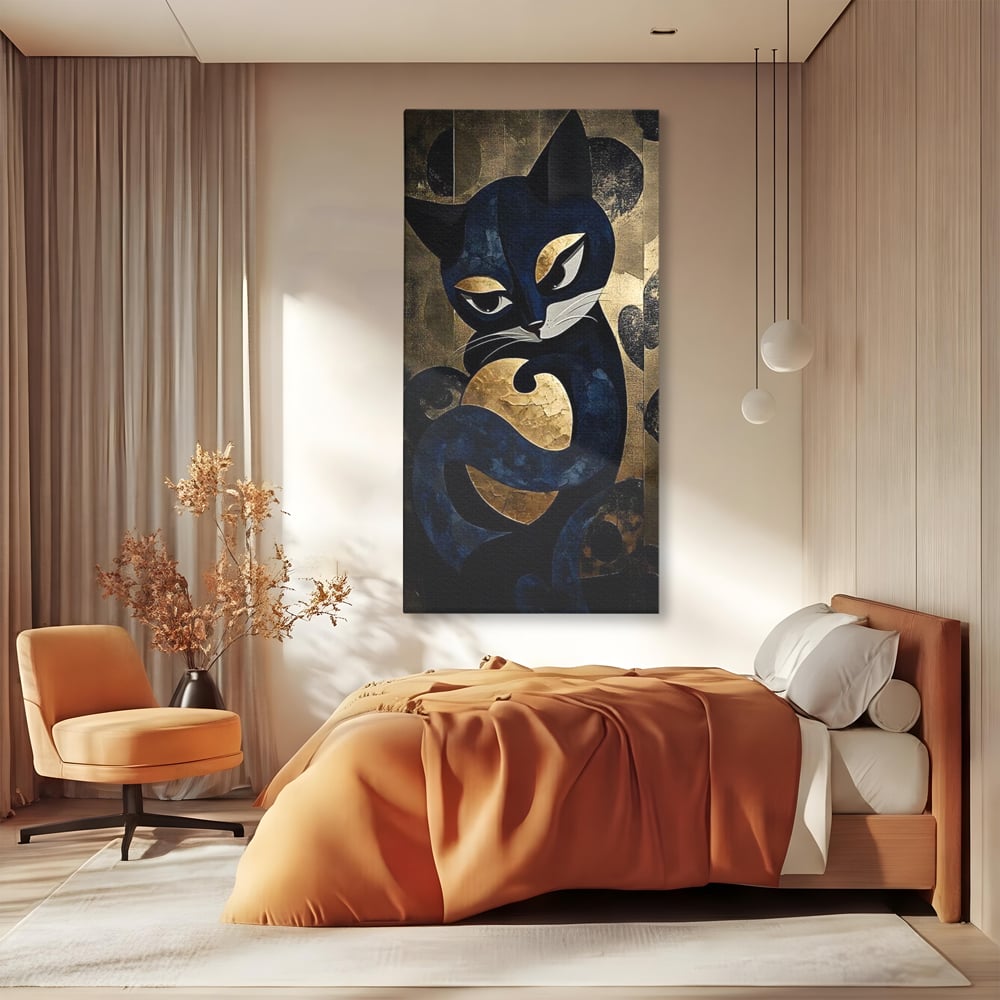 Leinwand Wandbilder Premium, LuxCanva® M1204, Versteckt in Gold, Abstrakt, Linien, Gold, Katze, Grafik, Design, Feline, Form, Metallisch, Dunkel, Schatten, Büro, Wohnen, Kinderzimmer