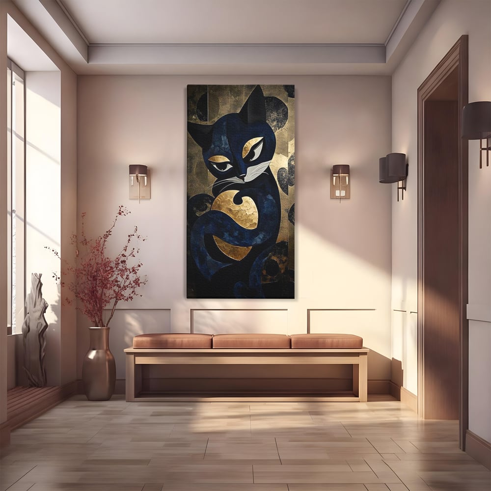 Leinwand Wandbilder Premium, LuxCanva® M1204, Versteckt in Gold, Abstrakt, Linien, Gold, Katze, Grafik, Design, Feline, Form, Metallisch, Dunkel, Schatten, Büro, Wohnen, Kinderzimmer
