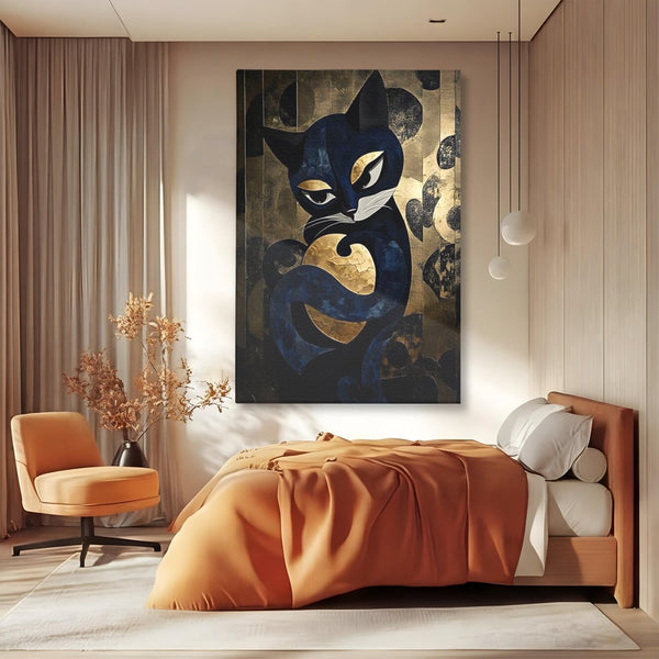 Leinwand Wandbilder Premium, LuxCanva® M1204, Versteckt in Gold, Abstrakt, Linien, Gold, Katze, Grafik, Design, Feline, Form, Metallisch, Dunkel, Schatten, Büro, Wohnen, Kinderzimmer