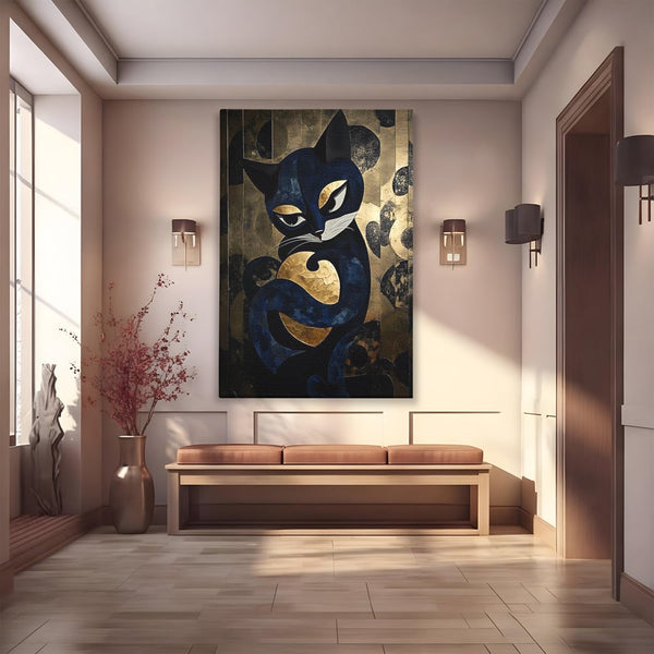 Leinwand Wandbilder Premium, LuxCanva® M1204, Versteckt in Gold, Abstrakt, Linien, Gold, Katze, Grafik, Design, Feline, Form, Metallisch, Dunkel, Schatten, Büro, Wohnen, Kinderzimmer