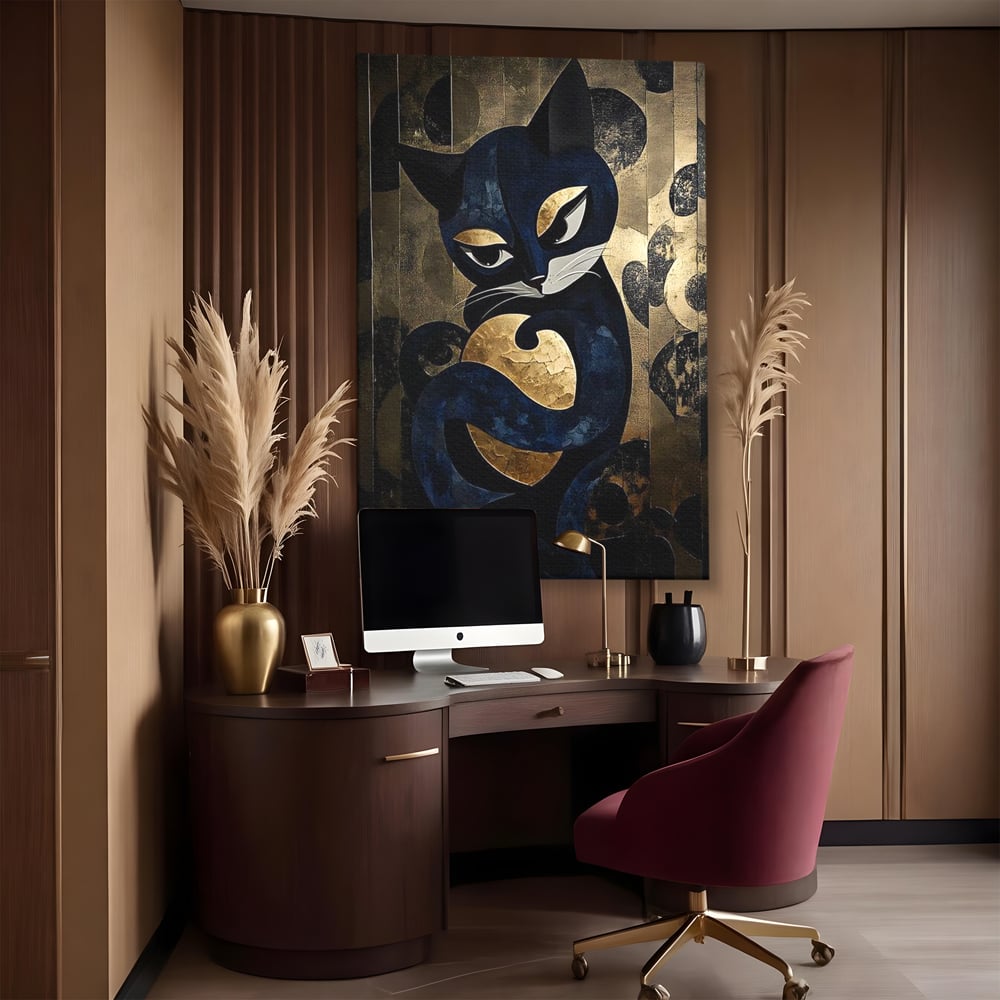 Leinwand Wandbilder Premium, LuxCanva® M1204, Versteckt in Gold, Abstrakt, Linien, Gold, Katze, Grafik, Design, Feline, Form, Metallisch, Dunkel, Schatten, Büro, Wohnen, Kinderzimmer
