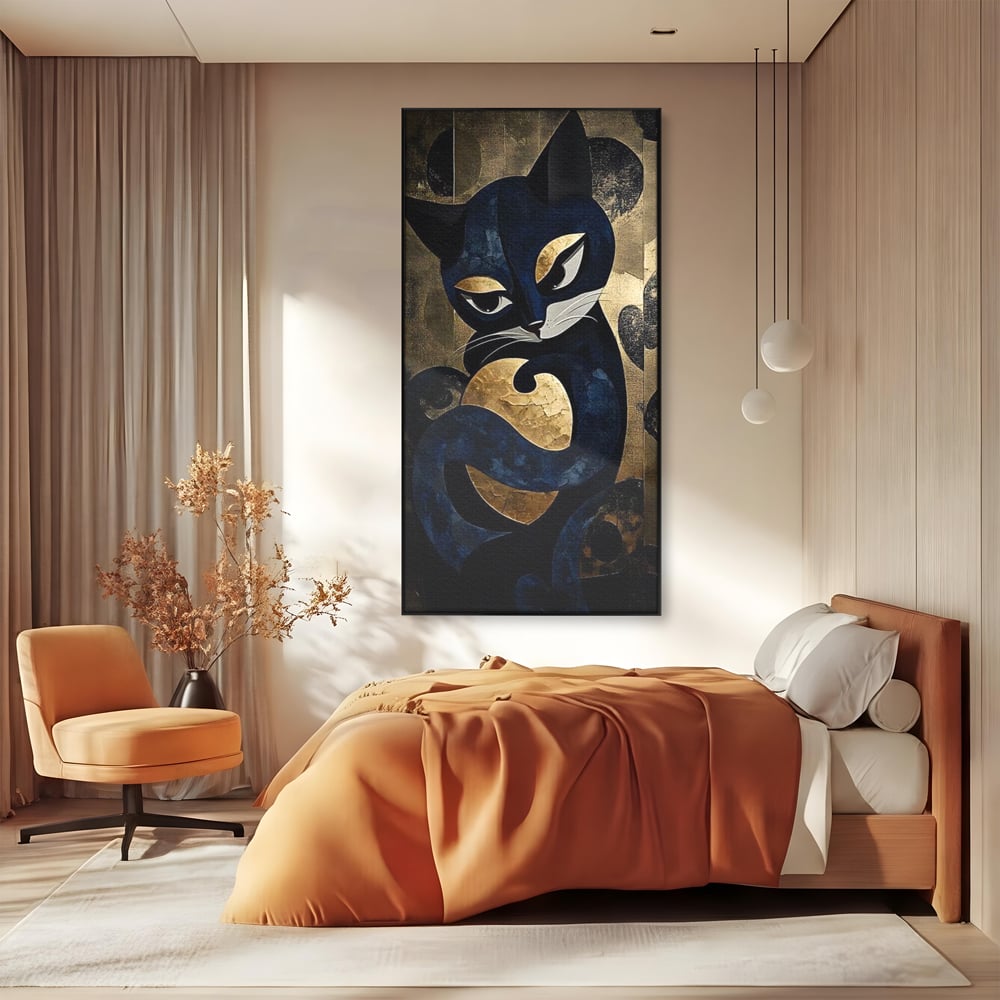 Leinwand Wandbilder Premium, LuxCanva® M1204, Versteckt in Gold, Abstrakt, Linien, Gold, Katze, Grafik, Design, Feline, Form, Metallisch, Dunkel, Schatten, Büro, Wohnen, Kinderzimmer