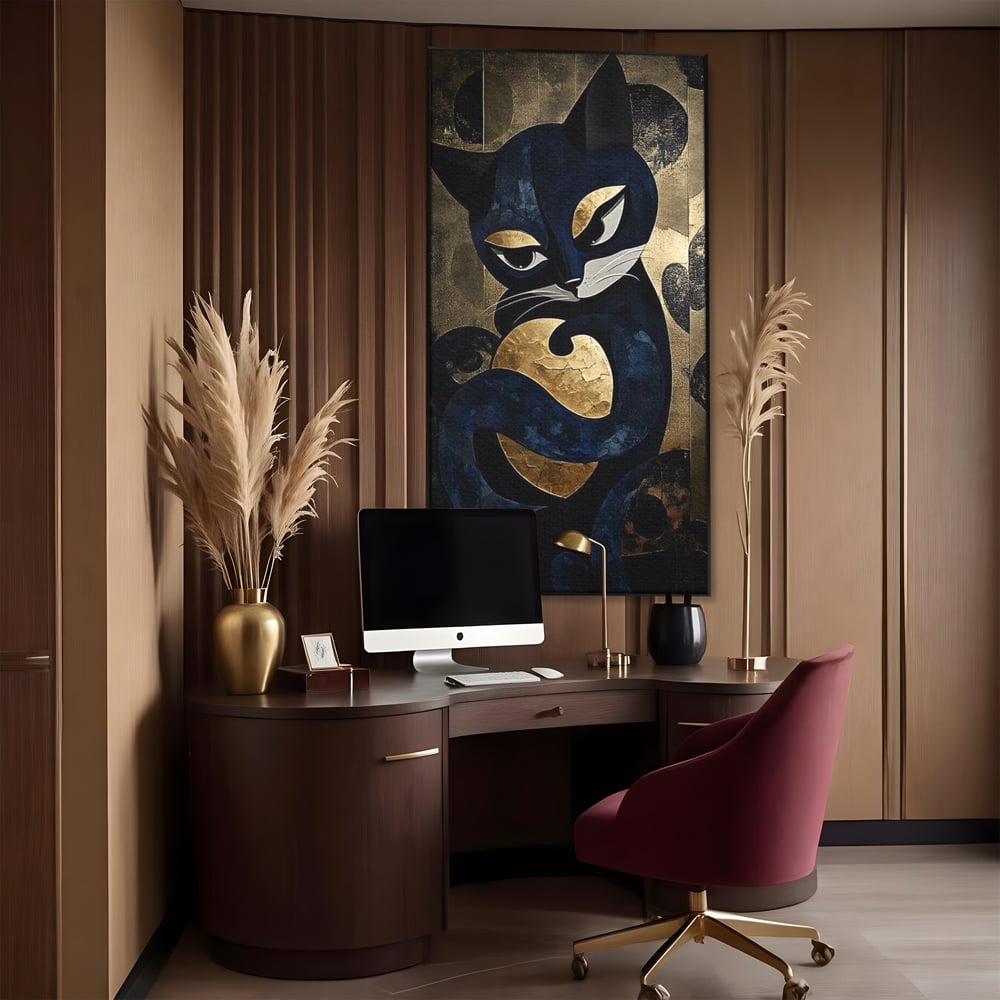 Leinwand Wandbilder Premium, LuxCanva® M1204, Versteckt in Gold, Abstrakt, Linien, Gold, Katze, Grafik, Design, Feline, Form, Metallisch, Dunkel, Schatten, Büro, Wohnen, Kinderzimmer