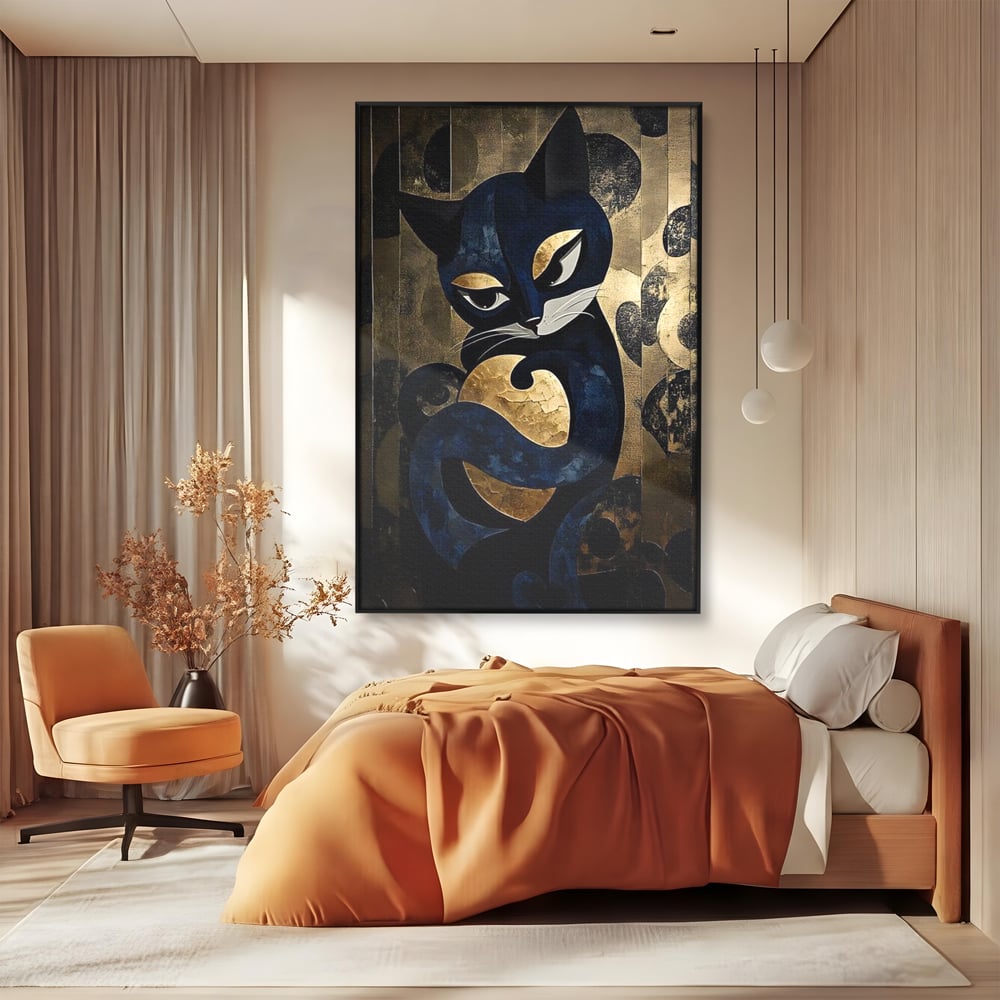 Leinwand Wandbilder Premium, LuxCanva® M1204, Versteckt in Gold, Abstrakt, Linien, Gold, Katze, Grafik, Design, Feline, Form, Metallisch, Dunkel, Schatten, Büro, Wohnen, Kinderzimmer