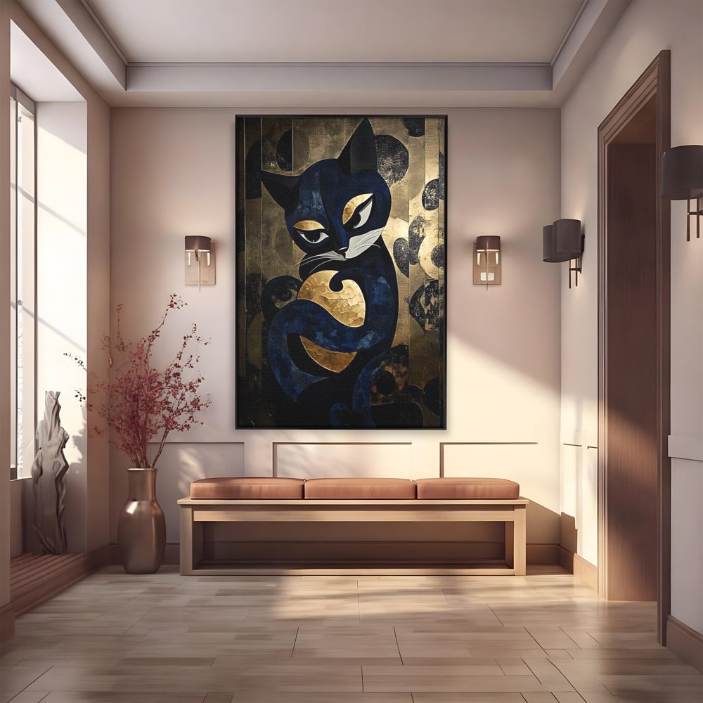 Leinwand Wandbilder Premium, LuxCanva® M1204, Versteckt in Gold, Abstrakt, Linien, Gold, Katze, Grafik, Design, Feline, Form, Metallisch, Dunkel, Schatten, Büro, Wohnen, Kinderzimmer