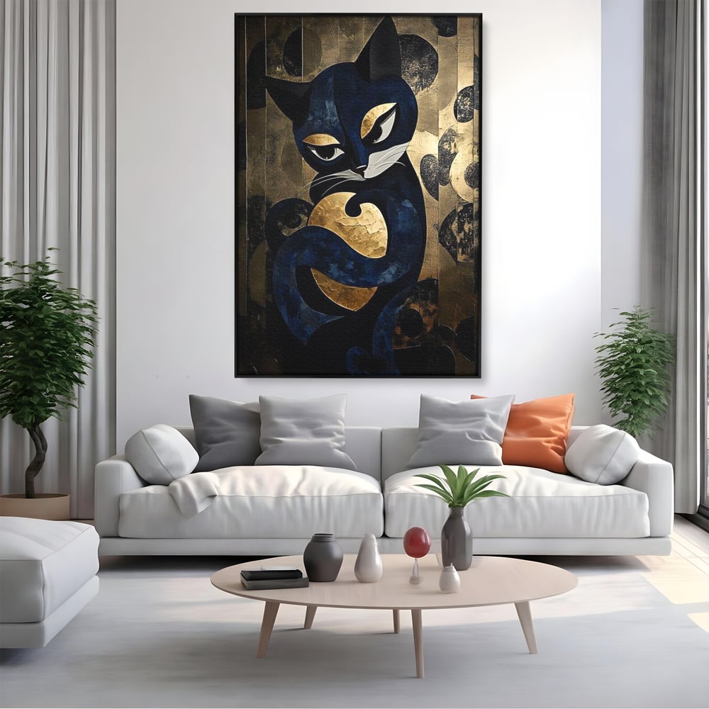 Leinwand Wandbilder Premium, LuxCanva® M1204, Versteckt in Gold, Abstrakt, Linien, Gold, Katze, Grafik, Design, Feline, Form, Metallisch, Dunkel, Schatten, Büro, Wohnen, Kinderzimmer