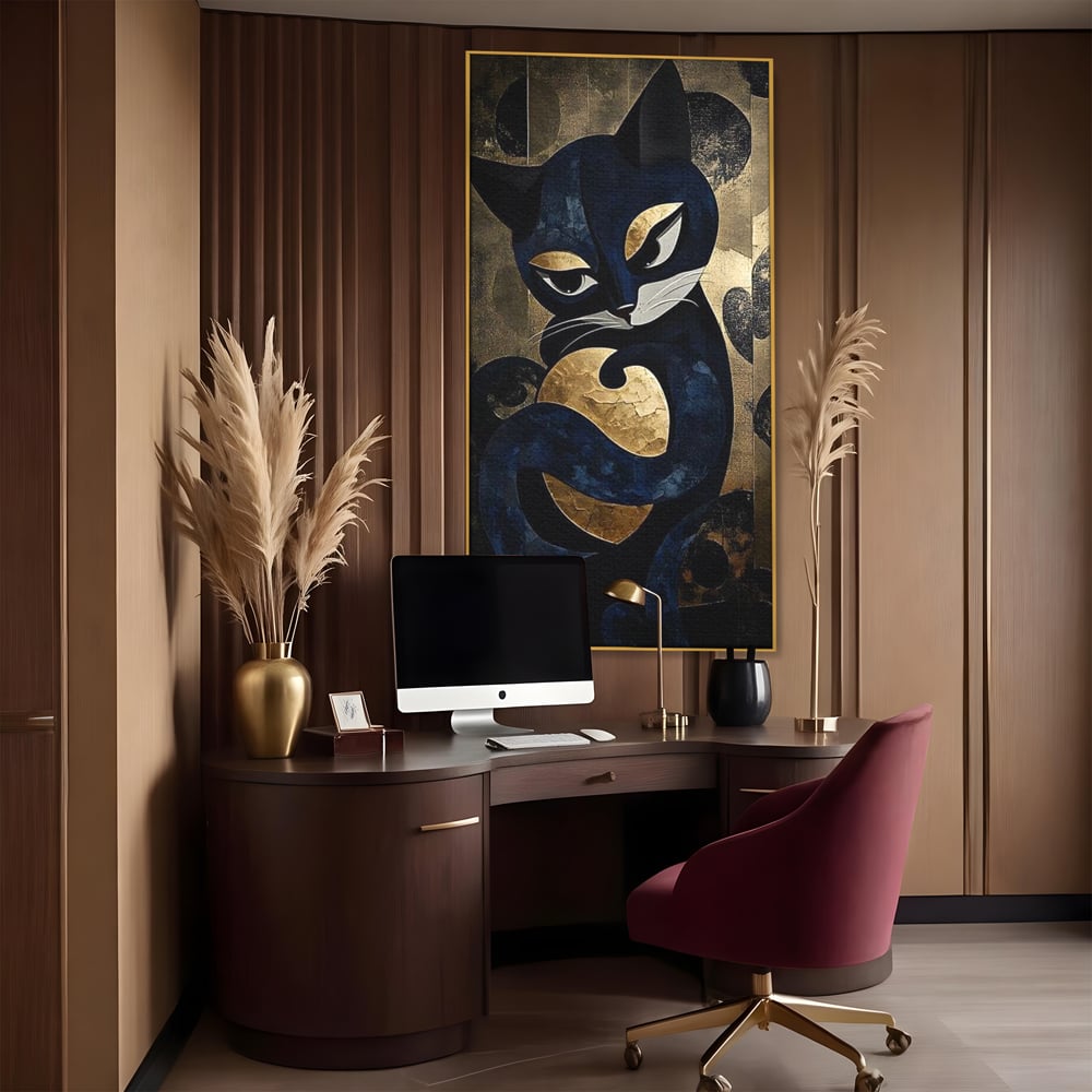 Leinwand Wandbilder Premium, LuxCanva® M1204, Versteckt in Gold, Abstrakt, Linien, Gold, Katze, Grafik, Design, Feline, Form, Metallisch, Dunkel, Schatten, Büro, Wohnen, Kinderzimmer