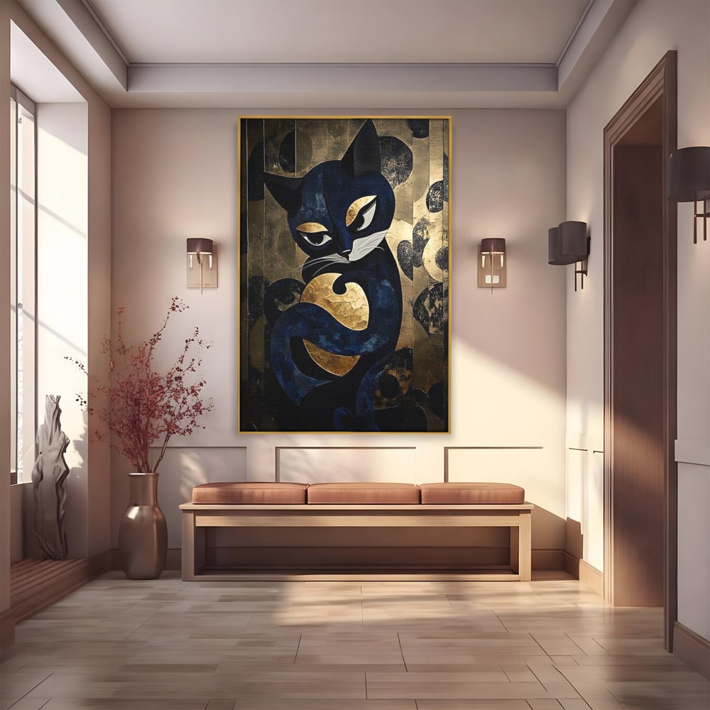 Leinwand Wandbilder Premium, LuxCanva® M1204, Versteckt in Gold, Abstrakt, Linien, Gold, Katze, Grafik, Design, Feline, Form, Metallisch, Dunkel, Schatten, Büro, Wohnen, Kinderzimmer