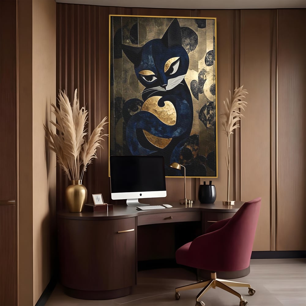 Leinwand Wandbilder Premium, LuxCanva® M1204, Versteckt in Gold, Abstrakt, Linien, Gold, Katze, Grafik, Design, Feline, Form, Metallisch, Dunkel, Schatten, Büro, Wohnen, Kinderzimmer