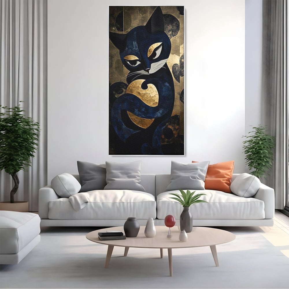 Leinwand Wandbilder Premium, LuxCanva® M1204, Versteckt in Gold, Abstrakt, Linien, Gold, Katze, Grafik, Design, Feline, Form, Metallisch, Dunkel, Schatten, Büro, Wohnen, Kinderzimmer