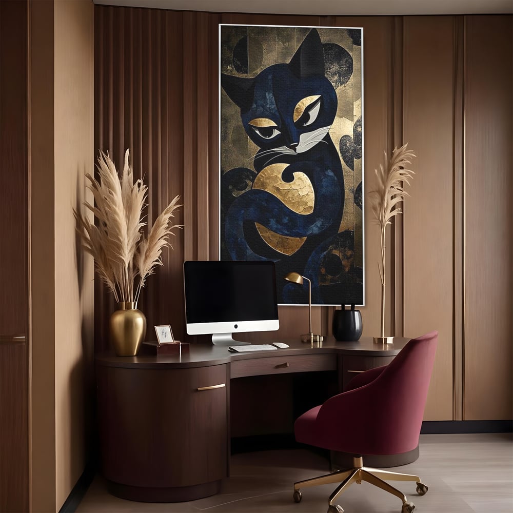 Leinwand Wandbilder Premium, LuxCanva® M1204, Versteckt in Gold, Abstrakt, Linien, Gold, Katze, Grafik, Design, Feline, Form, Metallisch, Dunkel, Schatten, Büro, Wohnen, Kinderzimmer