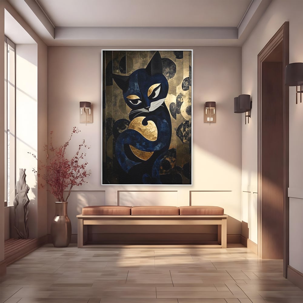 Leinwand Wandbilder Premium, LuxCanva® M1204, Versteckt in Gold, Abstrakt, Linien, Gold, Katze, Grafik, Design, Feline, Form, Metallisch, Dunkel, Schatten, Büro, Wohnen, Kinderzimmer