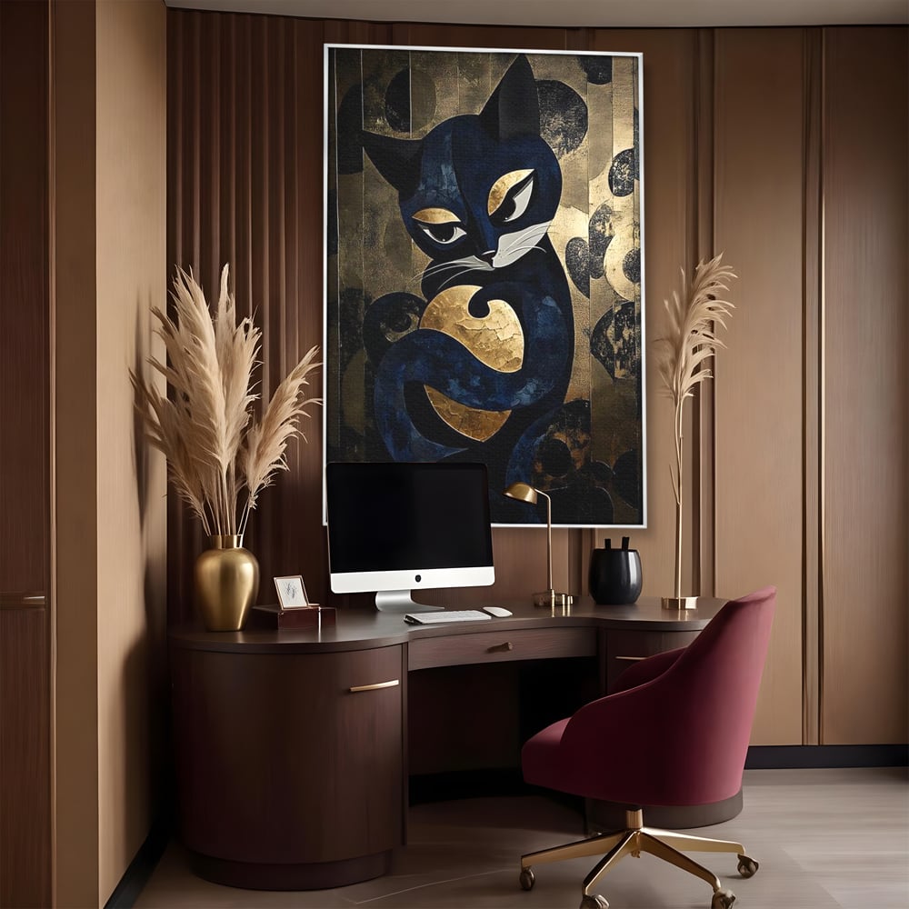 Leinwand Wandbilder Premium, LuxCanva® M1204, Versteckt in Gold, Abstrakt, Linien, Gold, Katze, Grafik, Design, Feline, Form, Metallisch, Dunkel, Schatten, Büro, Wohnen, Kinderzimmer