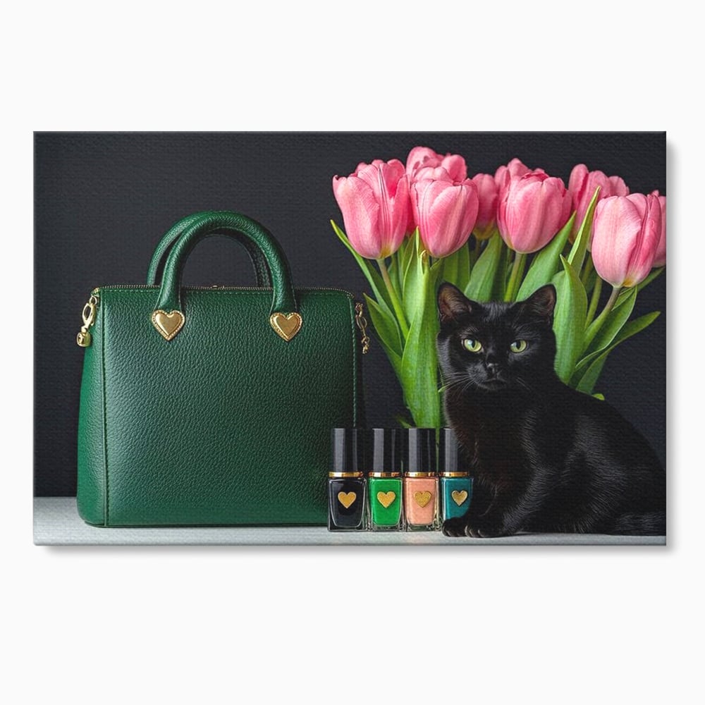 Tablou Canvas Premium, LuxCanva® M1205, Felina in Vitrina, Pisica, Poseta, Flori, Lalele, Buchet, Felina, Lux, Fashion, Beauty, Feminin, Accesorii, Glam, Birou, Living, Camera Copil