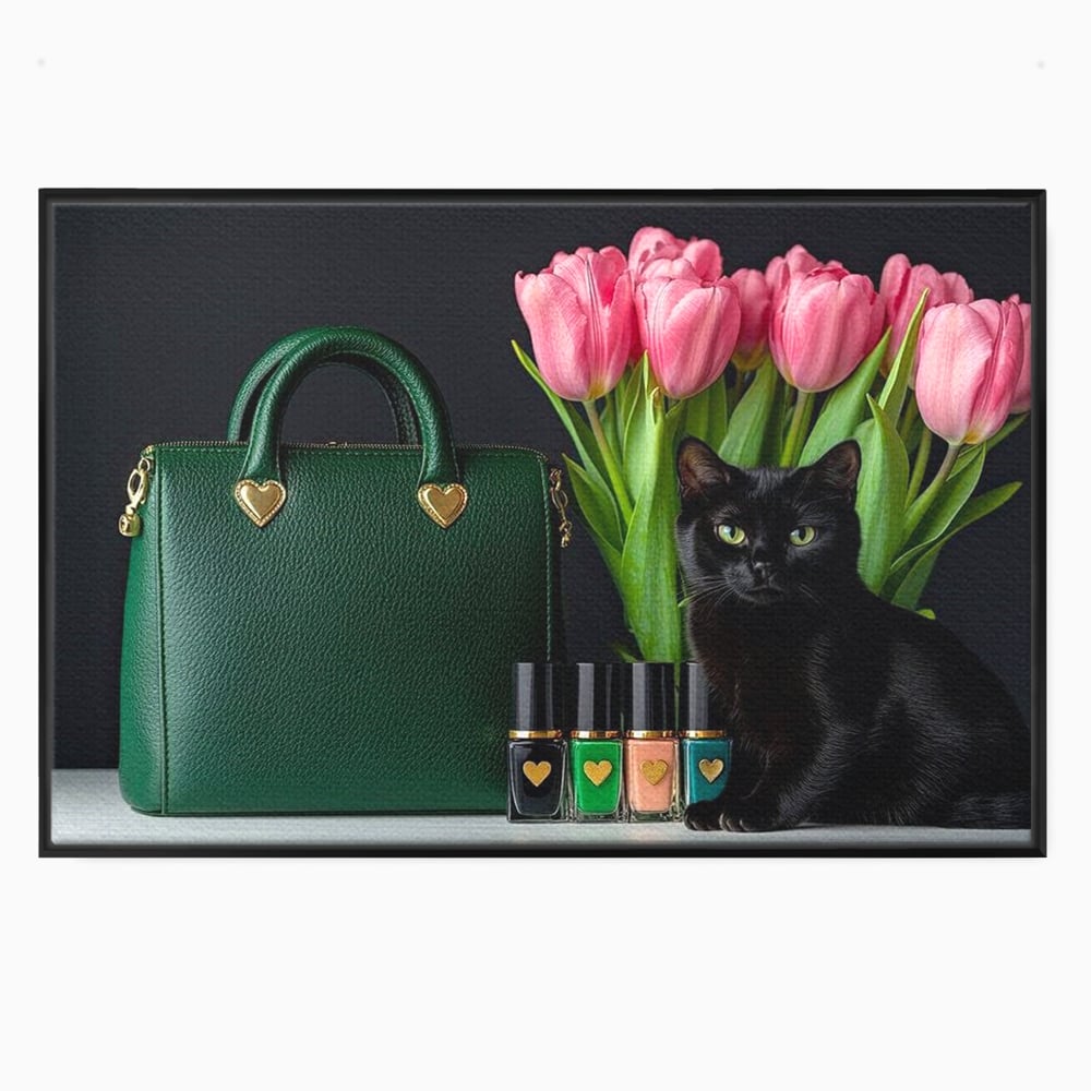 Tablou Canvas Premium, LuxCanva® M1205, Felina in Vitrina, Pisica, Poseta, Flori, Lalele, Buchet, Felina, Lux, Fashion, Beauty, Feminin, Accesorii, Glam, Birou, Living, Camera Copil