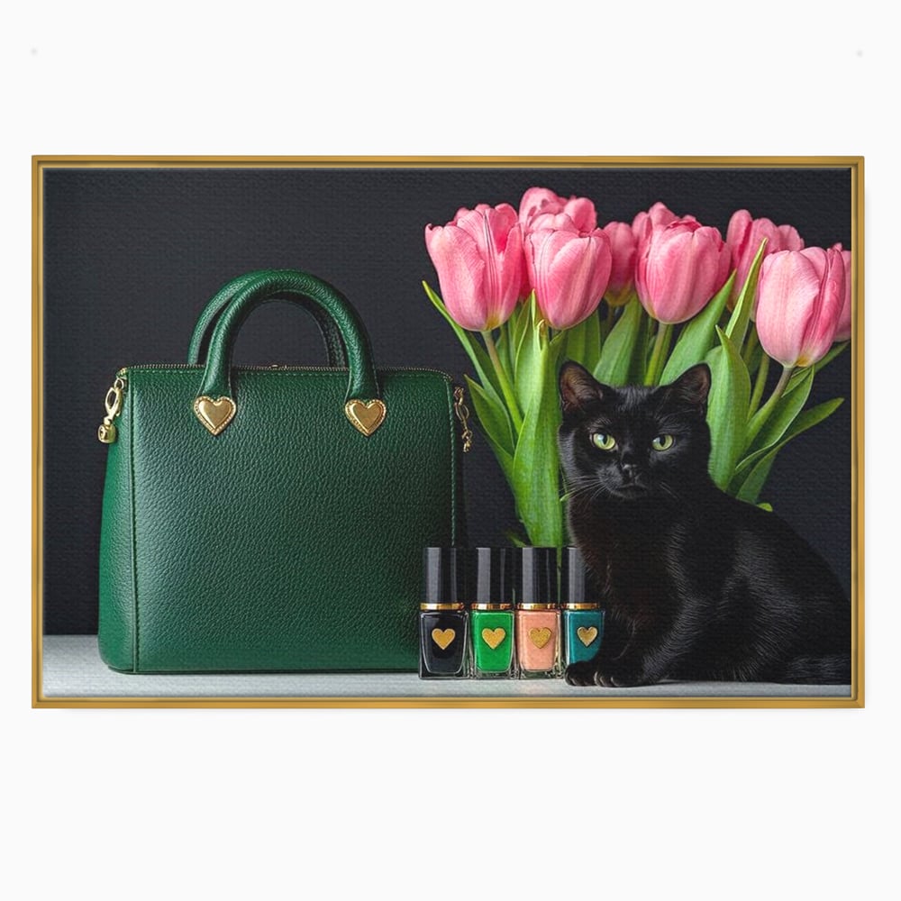 Tablou Canvas Premium, LuxCanva® M1205, Felina in Vitrina, Pisica, Poseta, Flori, Lalele, Buchet, Felina, Lux, Fashion, Beauty, Feminin, Accesorii, Glam, Birou, Living, Camera Copil