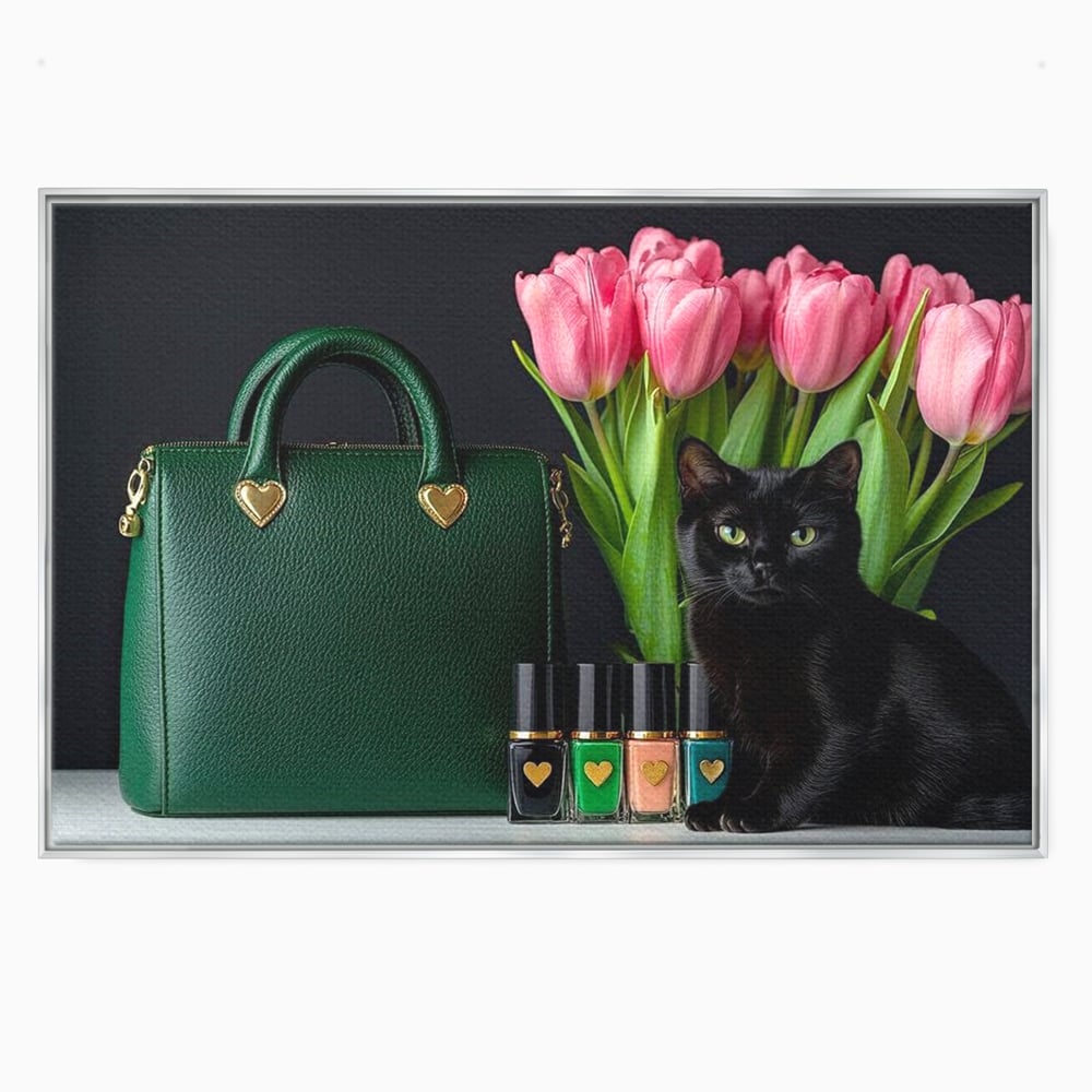 Tablou Canvas Premium, LuxCanva® M1205, Felina in Vitrina, Pisica, Poseta, Flori, Lalele, Buchet, Felina, Lux, Fashion, Beauty, Feminin, Accesorii, Glam, Birou, Living, Camera Copil