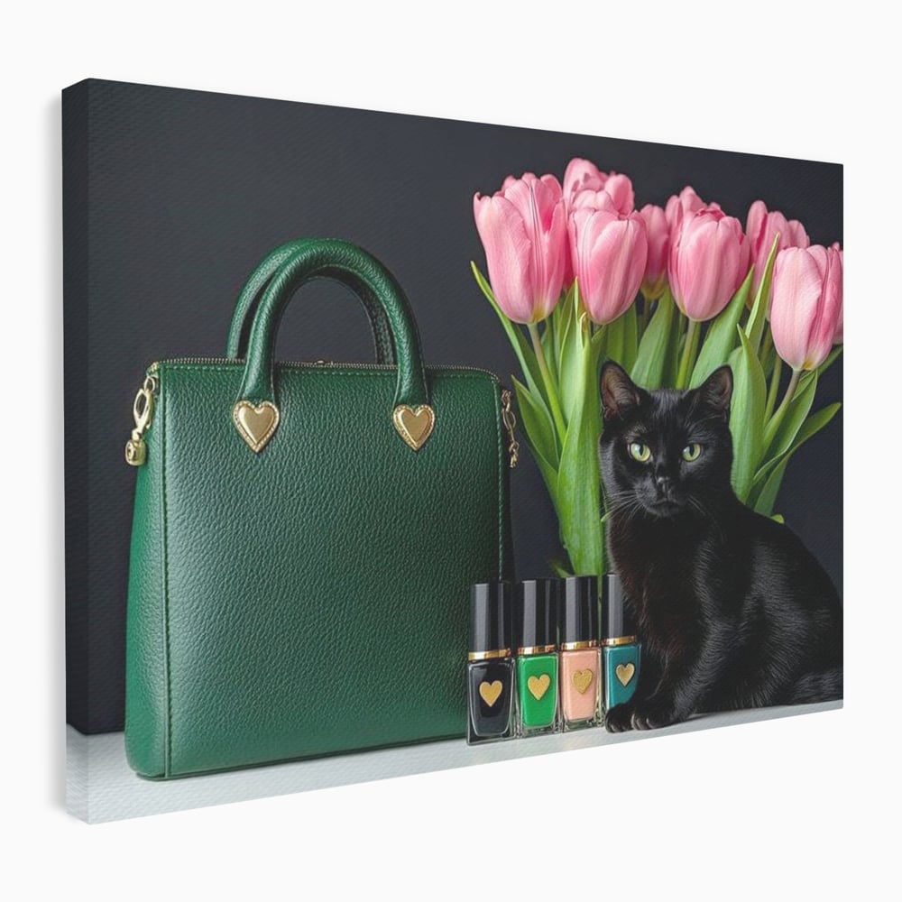 Tablou Canvas Premium, LuxCanva® M1205, Felina in Vitrina, Pisica, Poseta, Flori, Lalele, Buchet, Felina, Lux, Fashion, Beauty, Feminin, Accesorii, Glam, Birou, Living, Camera Copil