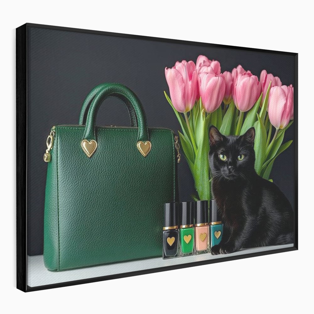 Tablou Canvas Premium, LuxCanva® M1205, Felina in Vitrina, Pisica, Poseta, Flori, Lalele, Buchet, Felina, Lux, Fashion, Beauty, Feminin, Accesorii, Glam, Birou, Living, Camera Copil