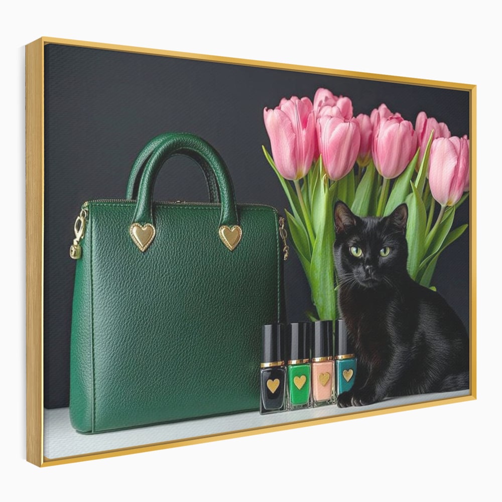 Tablou Canvas Premium, LuxCanva® M1205, Felina in Vitrina, Pisica, Poseta, Flori, Lalele, Buchet, Felina, Lux, Fashion, Beauty, Feminin, Accesorii, Glam, Birou, Living, Camera Copil