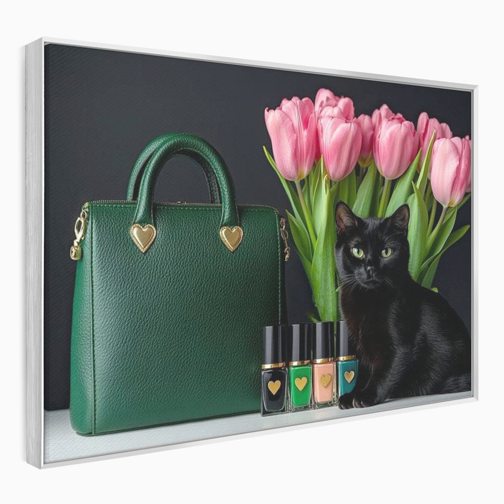 Tablou Canvas Premium, LuxCanva® M1205, Felina in Vitrina, Pisica, Poseta, Flori, Lalele, Buchet, Felina, Lux, Fashion, Beauty, Feminin, Accesorii, Glam, Birou, Living, Camera Copil