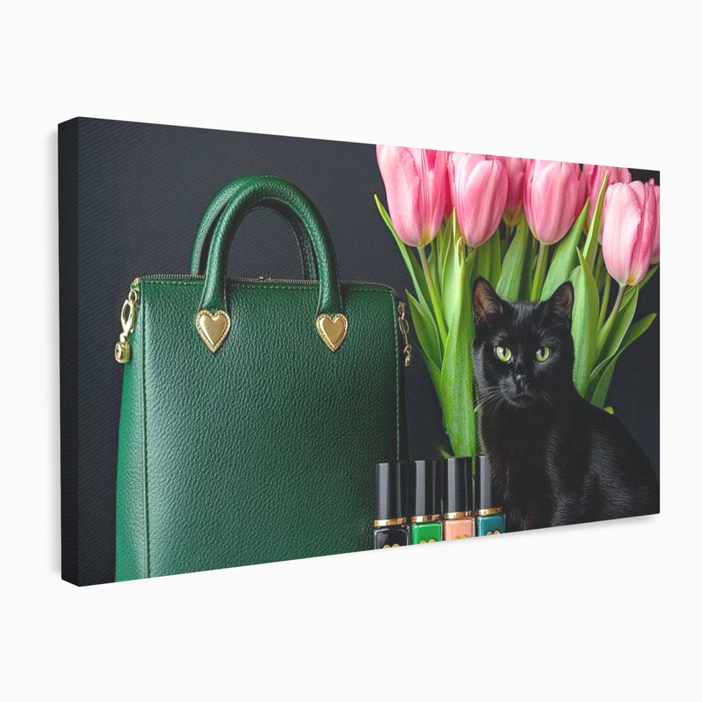Tablou Canvas Premium, LuxCanva® M1205, Felina in Vitrina, Pisica, Poseta, Flori, Lalele, Buchet, Felina, Lux, Fashion, Beauty, Feminin, Accesorii, Glam, Birou, Living, Camera Copil