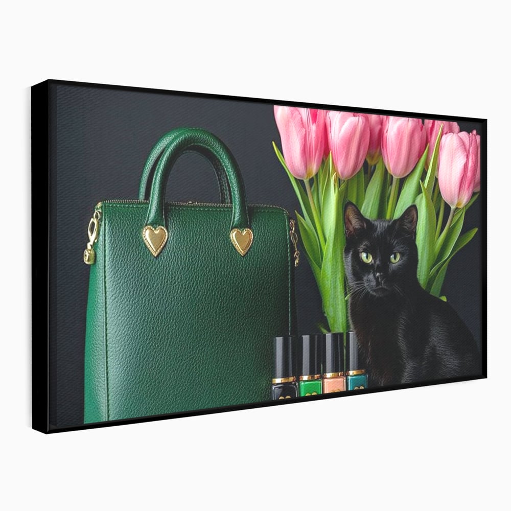 Tablou Canvas Premium, LuxCanva® M1205, Felina in Vitrina, Pisica, Poseta, Flori, Lalele, Buchet, Felina, Lux, Fashion, Beauty, Feminin, Accesorii, Glam, Birou, Living, Camera Copil