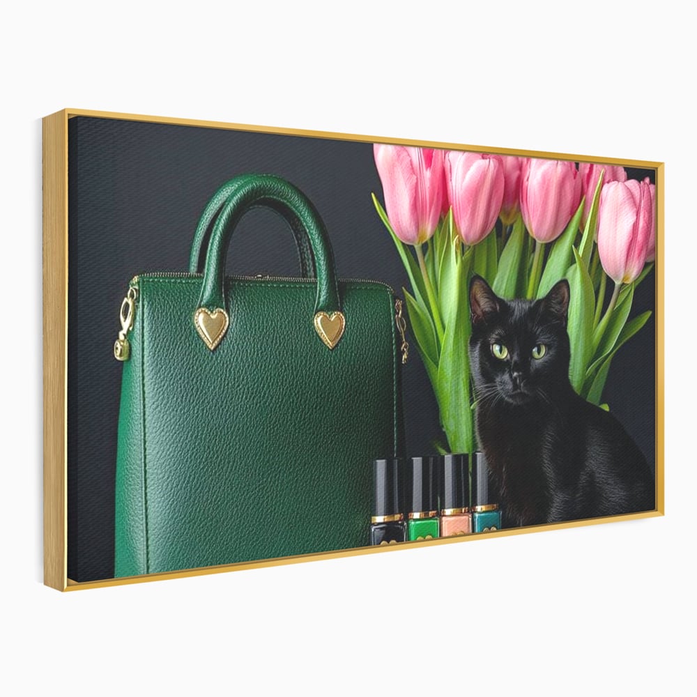 Tablou Canvas Premium, LuxCanva® M1205, Felina in Vitrina, Pisica, Poseta, Flori, Lalele, Buchet, Felina, Lux, Fashion, Beauty, Feminin, Accesorii, Glam, Birou, Living, Camera Copil