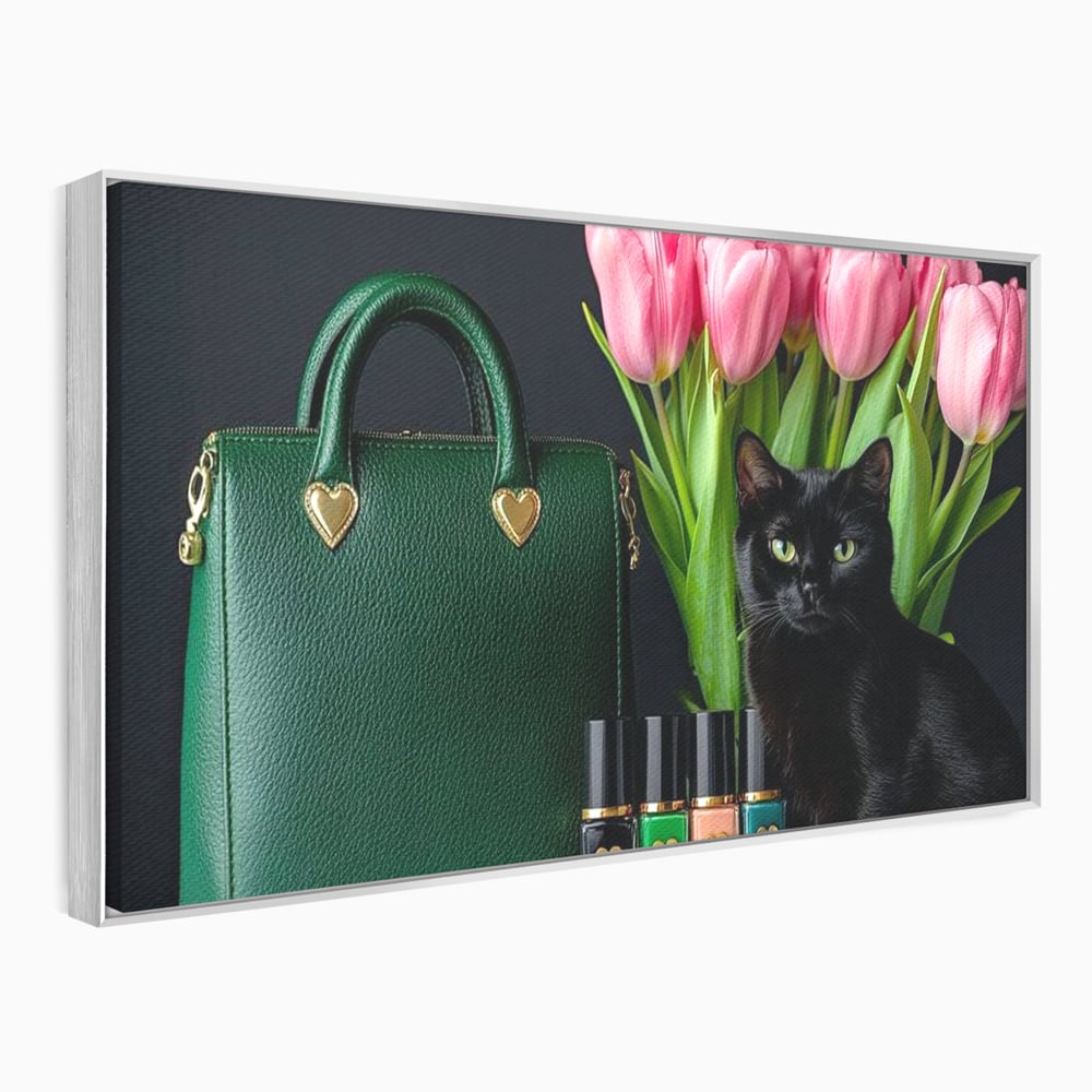 Tablou Canvas Premium, LuxCanva® M1205, Felina in Vitrina, Pisica, Poseta, Flori, Lalele, Buchet, Felina, Lux, Fashion, Beauty, Feminin, Accesorii, Glam, Birou, Living, Camera Copil