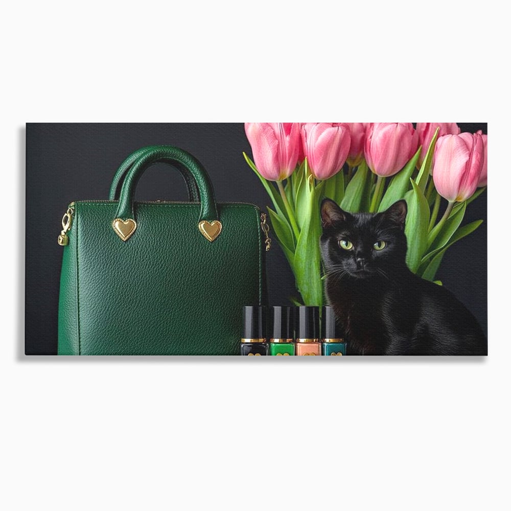 Tablou Canvas Premium, LuxCanva® M1205, Felina in Vitrina, Pisica, Poseta, Flori, Lalele, Buchet, Felina, Lux, Fashion, Beauty, Feminin, Accesorii, Glam, Birou, Living, Camera Copil