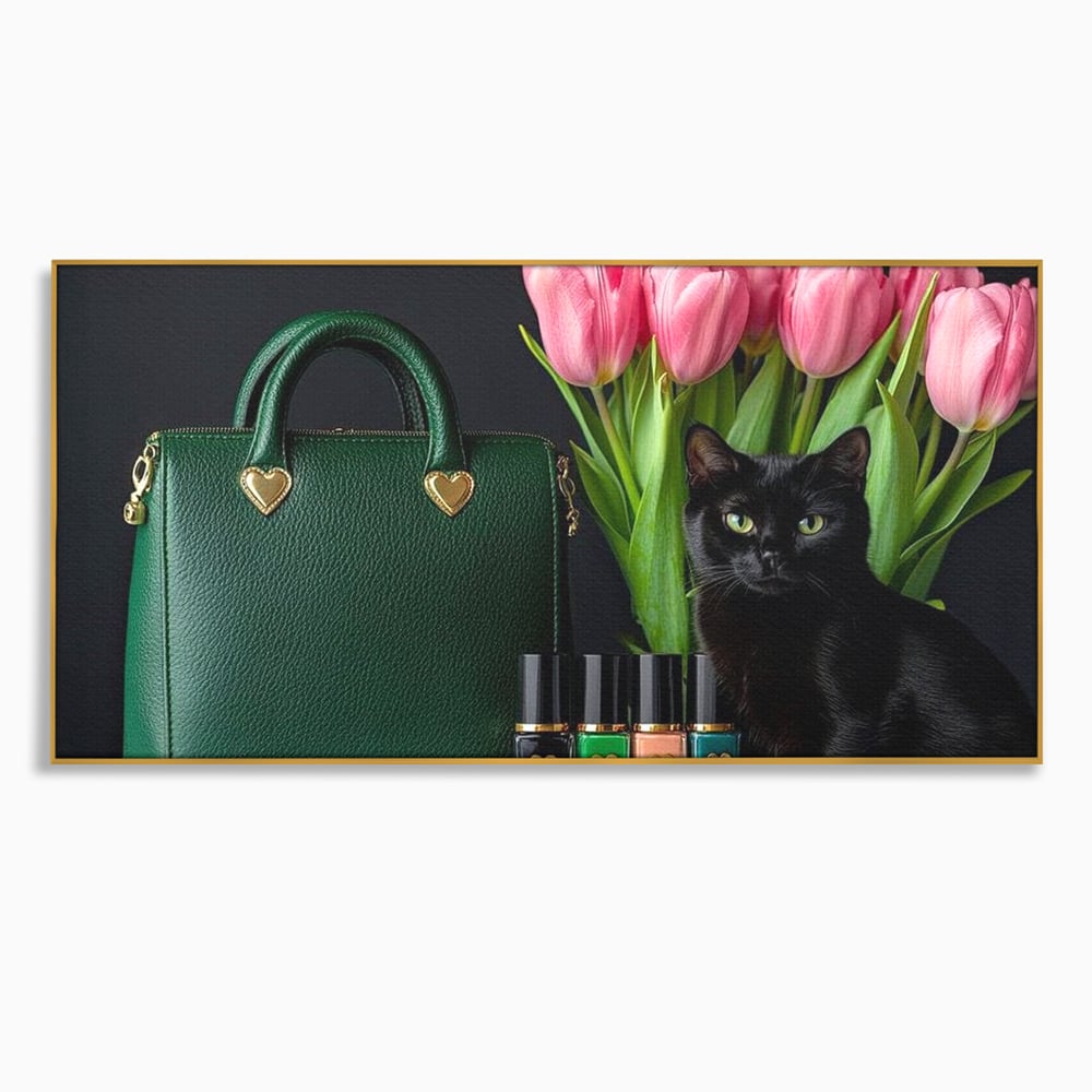 Tablou Canvas Premium, LuxCanva® M1205, Felina in Vitrina, Pisica, Poseta, Flori, Lalele, Buchet, Felina, Lux, Fashion, Beauty, Feminin, Accesorii, Glam, Birou, Living, Camera Copil