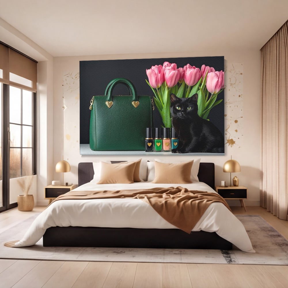 Tablou Canvas Premium, LuxCanva® M1205, Felina in Vitrina, Pisica, Poseta, Flori, Lalele, Buchet, Felina, Lux, Fashion, Beauty, Feminin, Accesorii, Glam, Birou, Living, Camera Copil